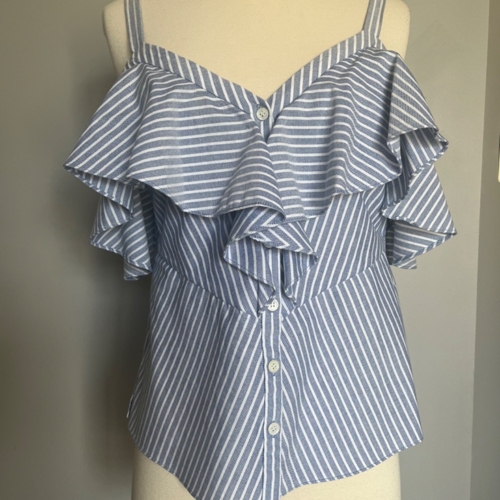 Veronica Beard Grant Multiway  Striped Ruffle Cold Shoulder Cocktail Blouse Top - Picture 6 of 11